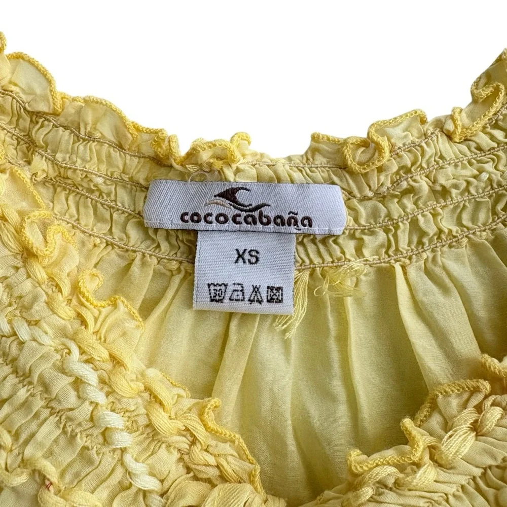 Coco Cabana Yellow Smocked Neck Cap-Sleeve Sheer Top Silk Cotton Blend XS - Picture 6 of 8